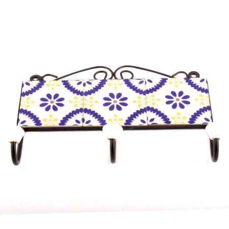 White And Navy Blue Flower Tiles Hooks